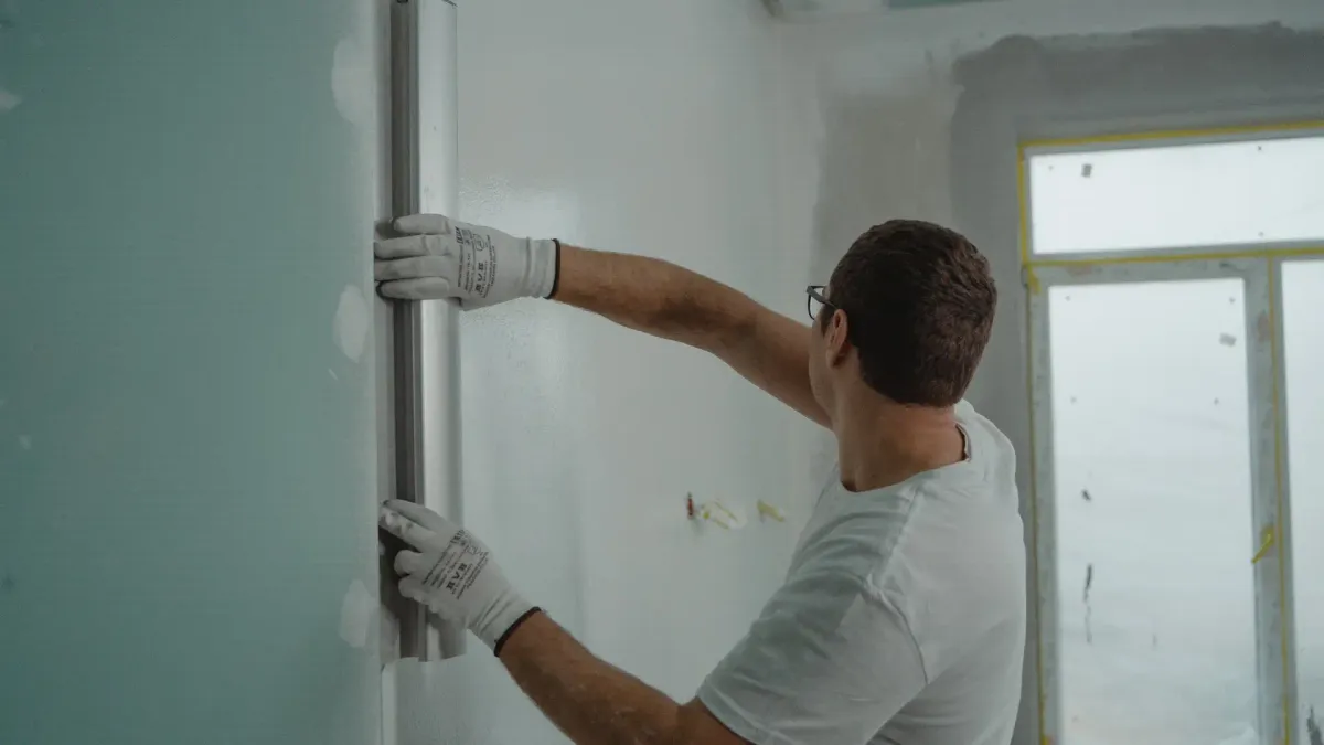Profissional aplicando revestimento com desempenadeira em parede interna